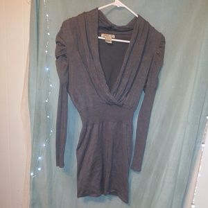 Grey long ruffledsleeve skintight thinsweaterdress
